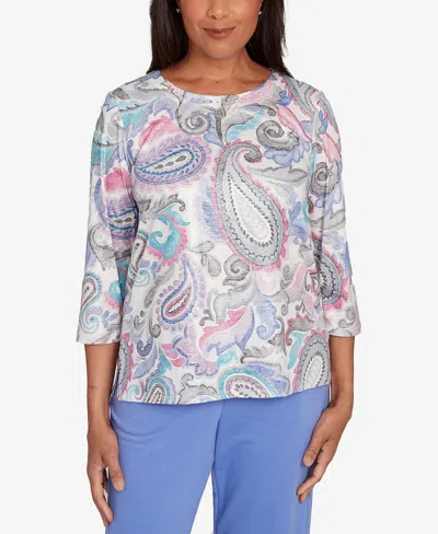 Alfred Dunner Petite Casual Vibe Pleated Paisley Crew Neck Top In Pink