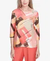 Alfred Dunner Plus Size Catalina Island Colorful Patchwork Crew Neck Top In Tangerine Multi