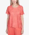 Alfred Dunner Plus Size Catalina Island Lace Trimmed Textured Crew Neck Top In Tangerine