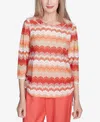 Alfred Dunner Plus Size Catalina Island Modern Chevron Drawstring Crew Neck Top In Tangerine Multi