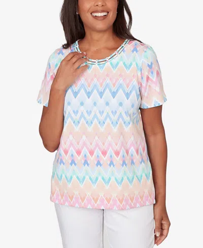 Alfred Dunner Petite Chevron Beaded Neck Top In Multi