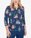 Alfred Dunner Petite Christmas Tree Beaded Top In Blue