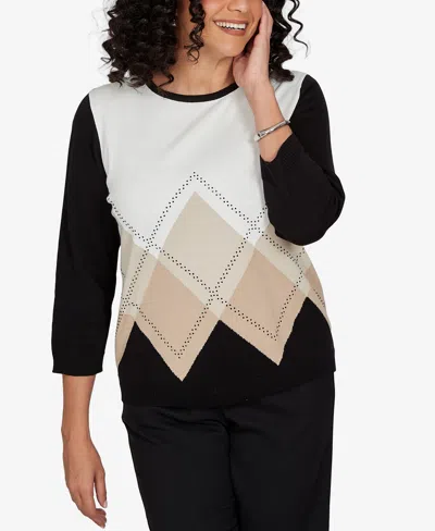 Alfred Dunner Petite Classic Argyle Beaded Sweater In Black