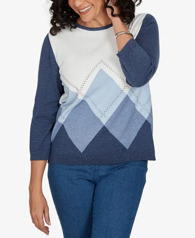 Alfred Dunner Petite Classic Argyle Beaded Sweater In Blue