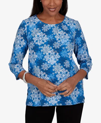 Alfred Dunner Petite Classic Blue Snowflake Print Knit Top