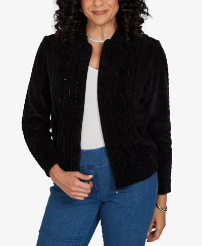 Alfred Dunner Petite Classic Cable Chenille Zip Cardigan Sweater In Black