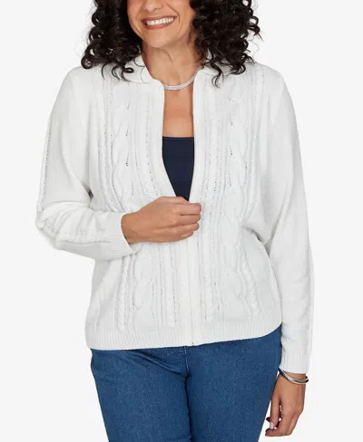 Alfred Dunner Petite Classic Cable Chenille Zip Cardigan Sweater In White