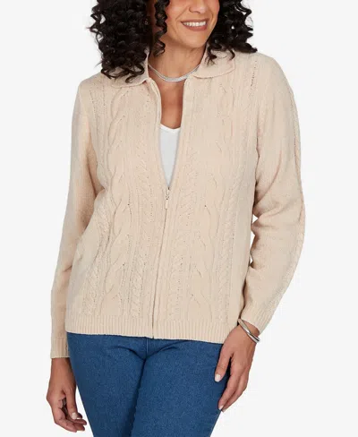 Alfred Dunner Petite Classic Cable Chenille Zip Cardigan Sweater In Neutral