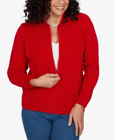 Alfred Dunner Petite Classic Cable Chenille Zip Cardigan Sweater In Brown