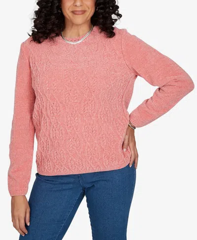 Alfred Dunner Petite Classic Cable Pullover Chenille Sweater In Pink