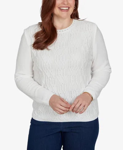 Alfred Dunner Petite Classic Cable Pullover Chenille Sweater In White