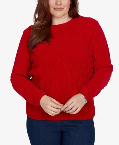 Alfred Dunner Petite Classic Cable Pullover Chenille Sweater In Red