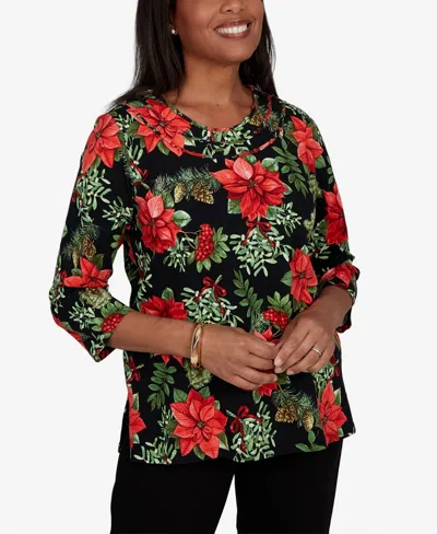 Alfred Dunner Petite Classic Cardinals On Branches Knit Top In Black