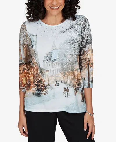 Alfred Dunner Petite Classic Christmas In The City Knit Top In Multi