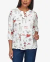 Alfred Dunner Women's Classics Oh Deer Split Neck Top In Multi Neutral