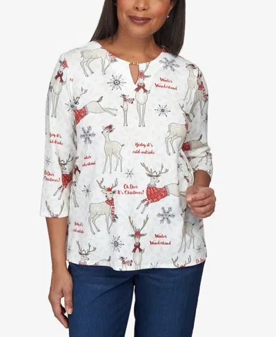 Alfred Dunner Women's Classics Oh Deer Split Neck Top In Multi Neutral