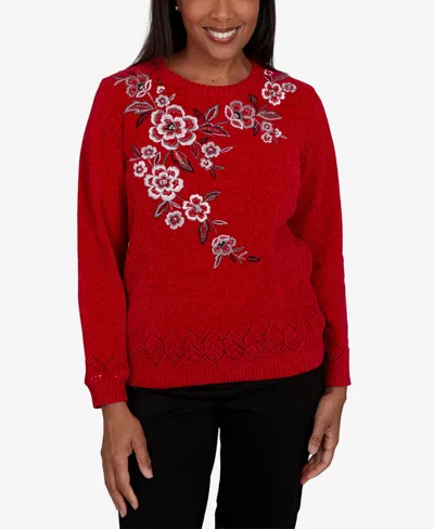 Alfred Dunner Petite Classic Embroidered Floral Textured Chenille Sweater In Red