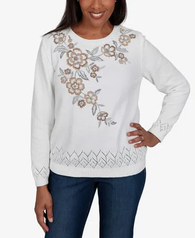 Alfred Dunner Petite Classic Embroidered Floral Textured Chenille Sweater In White
