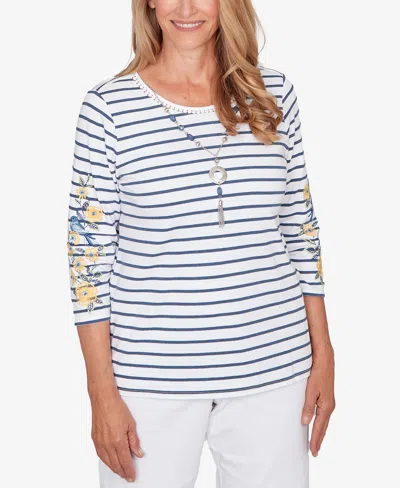 Alfred Dunner Petite Classic Floral Embroidered Stripe Top With Necklace In White