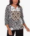 Alfred Dunner Petite Classic Geometric Scroll Patchwork Split Neck Top In Multi