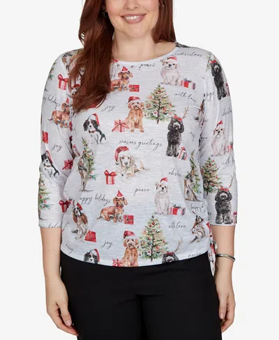 Alfred Dunner Petite Classic Gift Giving Dogs Knit Top In White