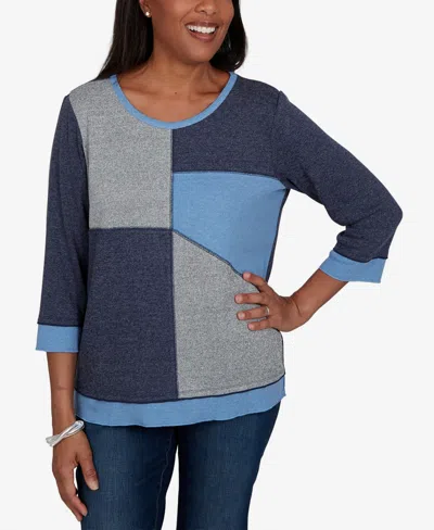 Alfred Dunner Petite Classic Heathered Colorblock Knit Top In Blue
