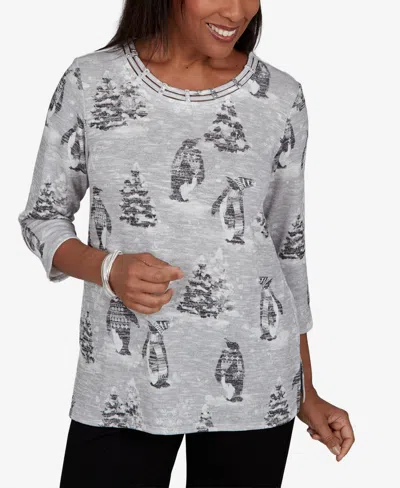 Alfred Dunner Petite Classic Penguins And Trees Knit Top In Gray
