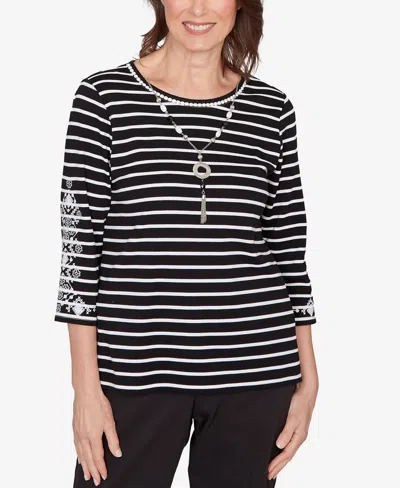 Alfred Dunner Petite Classic Pinstripe Embroidered Sleeve Top With Necklace In Multi