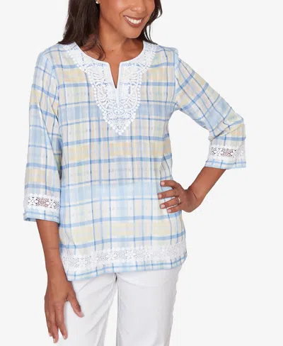 Alfred Dunner Petite Classic Plaid Embellished Lace Top In Blue