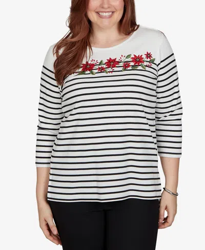 Alfred Dunner Petite Classic Poinsettia Stripe Knit Top In Multi