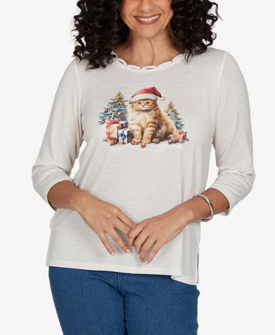 Alfred Dunner Petite Classic Santa Cat Knit Top In Gray