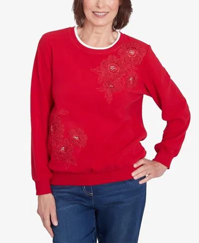Alfred Dunner Petite Classic Sherpa Floral Embroidered Top In Crimson