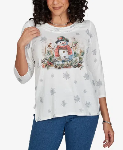 Alfred Dunner Petite Classic Shimmering Snowman Knit Top In Gray