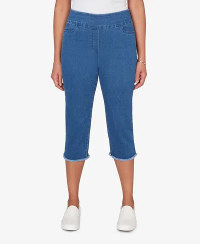 Alfred Dunner Petite Classic Super Stretch Denim Fringe Capri Pants In Blue