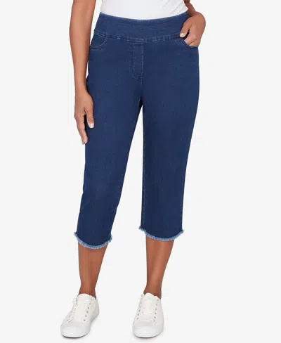 Alfred Dunner Petite Classic Super Stretch Denim Fringe Capri Pants In Blue