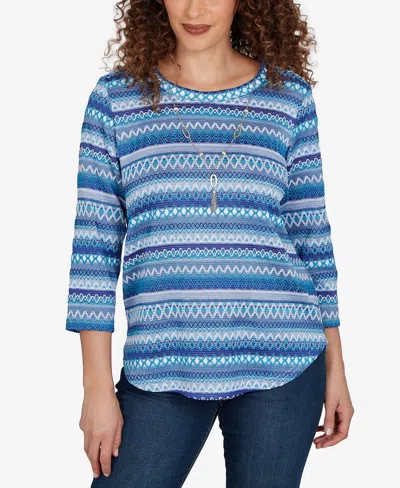 Alfred Dunner Petite Classic Textured Stripe Knit Top With Necklace In Blue