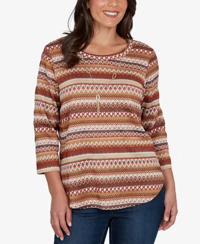 Alfred Dunner Petite Classic Textured Stripe Knit Top With Necklace In Multi