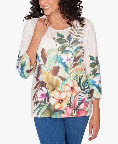 Alfred Dunner Petite Classic Tropical Print Top With Necklace In Neutral