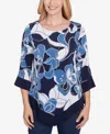 Alfred Dunner Plus Size Classic Abstract Bold Floral Patchwork Top With Necklace In Navy