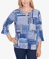 Alfred Dunner Women's Classic Beaded Split Neck Patchwork Top In Multi