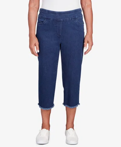 Alfred Dunner Petite Classics Black Denim Fringe Capri Pants In Dark Denim