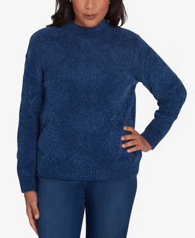 Alfred Dunner Petite Classics Chenille Diamond Turtleneck Sweater In Cadet Blue