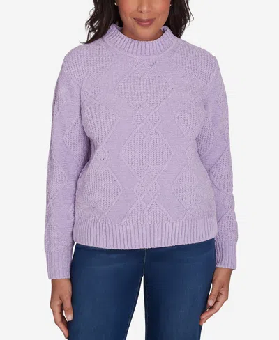 Alfred Dunner Petite Classics Chenille Diamond Turtleneck Sweater In Purple