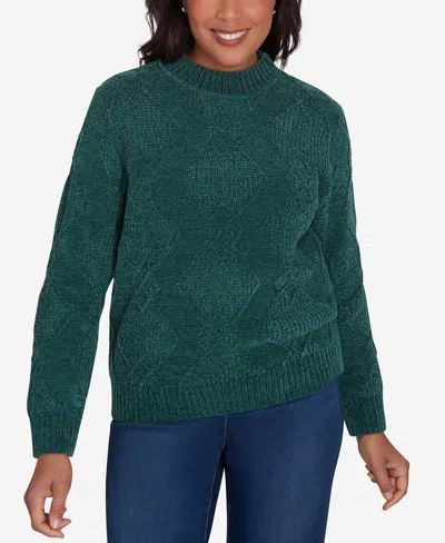 Alfred Dunner Women's Classic Chenille Diamond Stitch Turtleneck Sweater In Pine