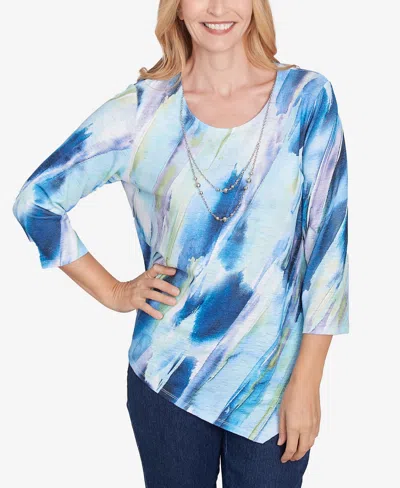 Alfred Dunner Petite Classics Diagonal Brushstroke Top With Necklace In Multi