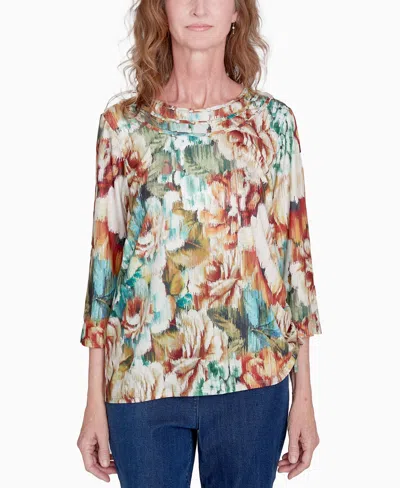 Alfred Dunner Petite Classics Earth Floral Crew Neck Top In Multi