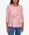 Alfred Dunner Petite Classics Embellished Crewneck Paisley Top In Coral
