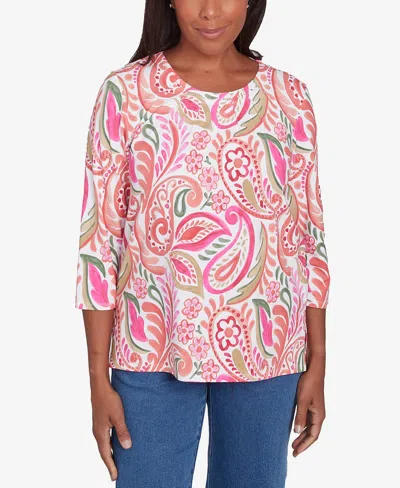 Alfred Dunner Petite Classics Embellished Crewneck Paisley Top In Coral
