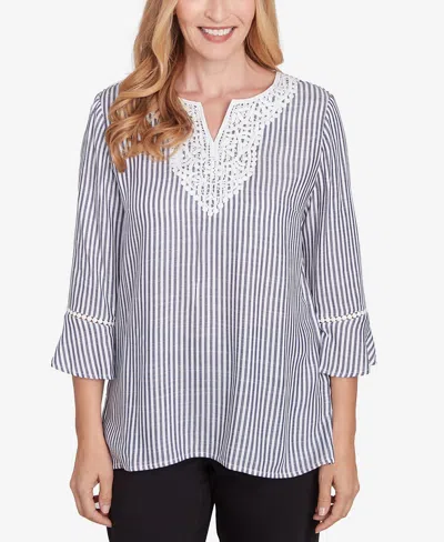 Alfred Dunner Petite Classics Embroidered Split Neck Striped Top In Blue