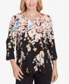 Alfred Dunner Plus Size Classic Falling Flower Beaded Split Neck Top In Black